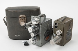 NIZO: Two 8mm movie cameras - one c. 1959 Heliomatic 8 Trifo [#108359] in maker's leather case with four lens caps, two lens filters, and one lens extension tube element, together with one c. 1960 Heliomatic 8 [#411878] with two lens caps, one lens filter