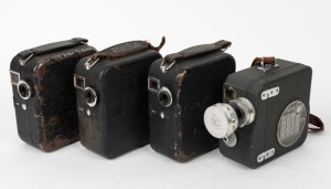 PATHÉ: Four 9.5mm movie cameras - three c. 1937 National I models [#092851B, #092961B, & #092979B], together with one c. 1948 National II [#35810] with Som Berthiot Paris Hyper Cinor teleconverter lens, lens cap, and wrist strap. (4 movie cameras)