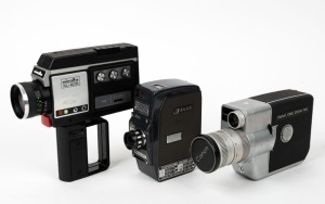 VARIOUS MANUFACTURERS: Three 8mm movie cameras - one Canon Ciné Zoom 512 with lens cap, one Minolta XL-400 with hand grip, and one Nihon Ciné Industry Jelco 8ES. (3 movie cameras)