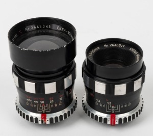 ENNA MÜNCHEN: Two black c. 1950s lenses for Braun cameras - one BRAUN-Tele-Ennalyt SLK C 135mm f3.5, and one BRAUN-Tele-Ennalyt SLK 90mm f3.5. (2 items)