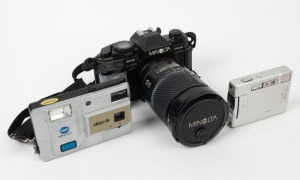 MINOLTA: Three cameras - one 1983 Minolta Disc-5, one 1985 Minolta Maxxum 9000 AF with 28-135mm f4-4.5 lens, neck strap, and lens cap, and one 2003 DiMage Xt. (3 cameras)