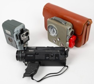 EUMIG: Three movie cameras - one c. 1954 Eumig C3 in maker's leather case with teleconverter lens, close-up device, and lens cap, together with one c. 1958 Eumig Servomatic, and one c. 1970s Eumig Mini 5. (3 movie cameras)