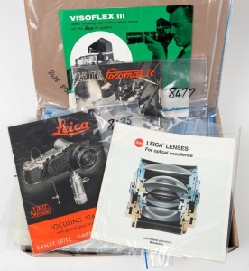 VARIOUS MANUFACTURERS: One A4 archive box containing sixty product brochures and sales guides from such brands as Leitz, Pentax, Metz, Agfa, Zeiss Ikon, Ansco, Rollei, Ihagee, Durst, and many others, each sealed in a plastic sleeve. (60 items)