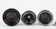 OLYMPUS: Three lenses in black and chrome with bayonet mounts for Olympus Ace series&nbsp;rangefinder cameras - one E. Zuiko-T 80mm f4 [#101130] with front and rear caps, one E. Zuiko-T 80mm f5.6 [#304017] with front and rear caps, and one E. Zuiko-W 35mm f2.8 - 3