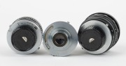 OLYMPUS: Three lenses in black and chrome with bayonet mounts for Olympus Ace series&nbsp;rangefinder cameras - one E. Zuiko-T 80mm f4 [#101130] with front and rear caps, one E. Zuiko-T 80mm f5.6 [#304017] with front and rear caps, and one E. Zuiko-W 35mm f2.8 - 4