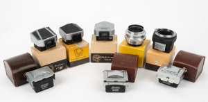 IHAGEE: Eight c. 1950s accessories, five in maker's boxes and three in leather cases, comprising three prism finders of types 1, 3, and 4, one type 1 hooded finder, two type 2 hooded finders, one magnifier attachment for Varex, and one E. Ludwig Meritar V