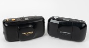 OLYMPUS: Two black c. 1995 compact cameras - one gold-letter Olympus Mju Zoom Deluxe [#1345192] with Multi AF Zoom 35-70mm lens, and one grey-letter Olympus Mju-1 [#7718532] with Multi AF 35mm f3.5 lens. (2 cameras)
