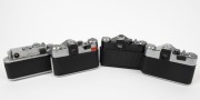 KRASNOGORSK: Four cameras marked 'Made in USSR' - one black-body 1980 Moscow Olympics Zenit EM [#78037161] with Helios-44M 58mm f2 lens [#7858373], one chrome-body 1980 Moscow Olympics Zenit EM [#78032760] with Helios-44M 58mm f2 lens [#7850436] and front - 2