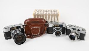 AIRES: Three c. 1959 rangefinder cameras - one Viscount [#2847383] with H Coral 45mm f1.9 lens [#1122772] and Wide-Attachment Lens accessory, one Viscount [#2858388] with Q Coral 45mm f2.8 lens [#1222794], maker's box, and leather case, and one Aires 35-I