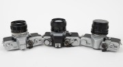 MINOLTA: Three SLR cameras - one c. 1964 SR-1s [#4070278] with Auto Rokkor-PF 58mm f1.4 lens [#1255296] and front lens cap, one c. 1966 SRT-101 [#1317063] with MC Rokkor-PF 58mm f1.4 lens [#5136214], and one c. 1975 XE-1 [#1088067] with MC Rokkor-PG 50mm - 2