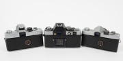 MINOLTA: Three SLR cameras - one c. 1964 SR-1s [#4070278] with Auto Rokkor-PF 58mm f1.4 lens [#1255296] and front lens cap, one c. 1966 SRT-101 [#1317063] with MC Rokkor-PF 58mm f1.4 lens [#5136214], and one c. 1975 XE-1 [#1088067] with MC Rokkor-PG 50mm - 4