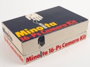 MINOLTA: Circa 1964 Minolta 16-Ps Camera Kit, complete in maker's box with subminiature camera [#759364], leather camera case, leather accessory case, flash unit, wrist strap, and clamp accessory. - 2