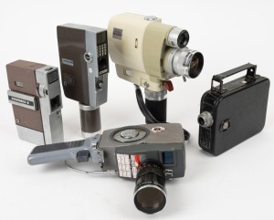 VARIOUS MANUFACTURERS: Five 8mm movie cameras - one Ciné Kodak Eight Model 25 [#87936], one Minolta Zoom 8 [#232667] with hand grip and wrist strap, one Nikon Nikkorex-8 [#108393], one Petri 8 [#127507] with hand grip, and one Yashica EC [#3440506] with h