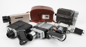 VARIOUS MANUFACTURERS: Six 8mm movie cameras - one Carena Zoomex [#93364] with lens hood and hand grip, one Kodak Brownie Movie Camera in leather case, one Nikkorex-Zoom 8 [#194128], one Olympus Pen 8 EE [#102888], one Polaroid Polavision Land Camera, and