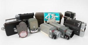 VARIOUS MANUFACTURERS: Eight 8mm movie cameras - one Bell & Howell Sportster, one Kodak Ciné Kodak Eight Model 60, one Leitz Leicina 8V, one Leitz Leicina 8SV in maker's leather case with instruction booklet, one Mamiya-8JE, one Nikon Nikkorex-Zoom 8, one