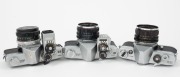MINOLTA: Three early-1960s SLR cameras - one early-style Minolta SR-1 [#1170298] with Auto Rokkor-PF 55m f2 lens [#1347014], one new-style Minolta SR-1 [#2360867] with Auto Rokkor-PF 55mm f1.8 lens [#4412313] and clip-on selenium meter, and one Minolta SR - 2