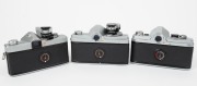 MINOLTA: Three early-1960s SLR cameras - one early-style Minolta SR-1 [#1170298] with Auto Rokkor-PF 55m f2 lens [#1347014], one new-style Minolta SR-1 [#2360867] with Auto Rokkor-PF 55mm f1.8 lens [#4412313] and clip-on selenium meter, and one Minolta SR - 3