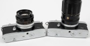 OLYMPUS: Two c. 1971 chrome-body Olympus FTL SLR cameras - one [#142373] with E. Zuiko Auto-T 200mm f4 lens [#101558], and one [#147213] with F. Zuiko Auto-S 50mm f1.8 lens [#127172]. (2 cameras) - 3