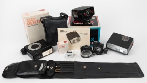 ASAHI KOGAKU: Seven camera accessories - one four-legged Pentax Copipod close-up stand in leather pouch, one round-style clip-on Pentax Meter [#282130], one square-style clip-on Pentax Meter [#096452], one Pentax Autorobo flash unit [#564869] with leather