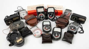 SANGAMO WESTON: Seventeen light measurement tools - Master, Master in maker's box, Master in leather pouch, Master II, Master II in maker's box, Master III in black, Master III in chrome, Master III in leather pouch, Master IV, Master IV in leather pouch, Master V, Euro-Master, Universal Exposure Meter, Weston Ciné, together with three Invercone accessories in leather pouches. (17 items)