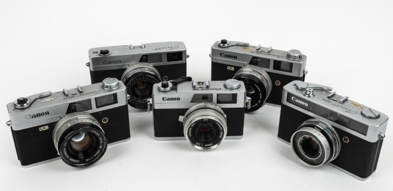 CANON: Five c. 1960s 35mm cameras - one Canonet [#1015475], one Canonet Junior [#288959], one Canonet QL19, one Canonet QL25 [#210548], and one 1971-type Canonet 28 [#B92059]. (5 cameras)