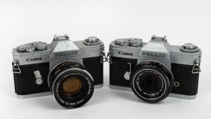 CANON: Two c. 1965 Pellix SLR cameras - one [#106389] with FLP 38mm f2.8 lens [#12274], and one [#126294] with FL 50mm f1.4 lens [#24366]. (2 cameras)