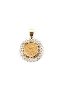 PENDANT: 14ct yellow gold and diamond Chinese coin pendant. 5 Yuan gold Panda coin.