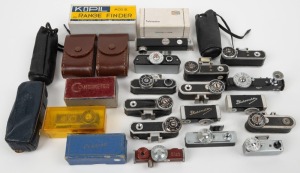 VARIOUS MANUFACTURERS: Twenty-five rangefinders, some of them in maker's boxes or leather pouches, with such model names as Combimeter, Photometer, Präzisa, Medis, Kopil Mod III, Kisei, Sagameter, Pollux, Accura, Capri, Hawk, and several others. (25 items)