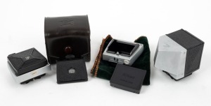 NIPPON KOGAKU: Three Nikon F finders in black and chrome - one Action Finder [#70624] with cap, one type 1 Waist-Level Finder, and one Waist-Level Finder with Nippon Kogaku logo on top together with branded cloth and maker's leather case. (3 items)