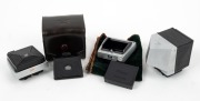 NIPPON KOGAKU: Three Nikon F finders in black and chrome - one Action Finder [#70624]&nbsp;with cap, one type 1 Waist-Level Finder, and one Waist-Level Finder with Nippon Kogaku logo on top together with branded cloth and maker's leather case. (3 items)
