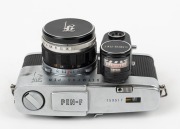 OLYMPUS: Pen F SLR camera [#159517], c. 1963, with F. Zuiko Auto-S 38mm f1.8 lens [#170815], ASA exposure meter attachment, and metal front lens cap. The world's first 35mm half-frame SLR. - 2