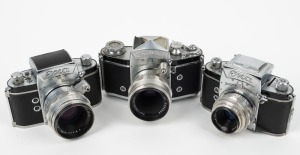 IHAGEE: Three Exakta SLR cameras - one 1958-type Varex IIa [#923331] with Carl Zeiss Jena Tessar 50mm f2.8 lens [#5580698], one type 4 Exa [#473229] with E. Ludwig Meritar 50mm f2.9 lens [#1174197], and one type 4 Exa [#424447] with Carl Zeiss Jena Biotar