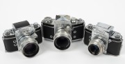 IHAGEE: Three Exakta SLR cameras - one&nbsp;1958-type Varex IIa [#923331] with Carl Zeiss Jena Tessar 50mm f2.8 lens [#5580698], one type 4 Exa [#473229] with E. Ludwig Meritar 50mm f2.9 lens [#1174197], and one type 4 Exa [#424447] with Carl Zeiss Jena Biotar