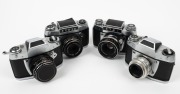 IHAGEE: Four c. 1960s SLR cameras - one Exa I with Carl Zeiss Jena Tessar 50mm f2.8 lens [#6034897], one Exa Ia with G&ouml;rlitz Domiplan 50mm f2.8 lens [#6205362], one Exa IIb with G&ouml;rlitz Domiplan 50mm f2.8 lens [#3553258] and metal lens cap, and one Exa 50