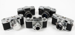 RIKEN: Five mid-20th century 35mm cameras - one Ricolet with C. Ricoh Anastigmat 45mm f3.5 lens [#33310], one Ricoh 500 with Ricomat 45mm f2.8 lens [#45774], one Ricoh 519 Deluxe with Rikenon 45mm f1.9 lens [#27719] and front lens cap, and two Ricoh 35 Fl