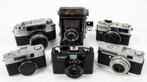 MINOLTA: Six cameras representing four decades of camera manufacturing - one Semi-Minolta IIIA [#2608], one Minolta Repo [#112262] with lens cap, one Minoltina-P [#223451], one Minolta Hi-Matic F [#309571], one Minolta Hi-Matic G2 [#1091012], and one Mino