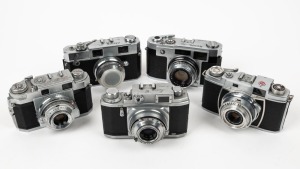 VARIOUS MANUFACTURERS: Five c. 1950s 35mm cameras in black and chrome - one Lacon R [#33807], one Kowa Kallo 35 [#52798], one Royal Camera Royal-35P [#66894], one Taisei Koki two-window Super Westomat 35, and one Novo 35 Super [#13848] with lens cap. (5 c