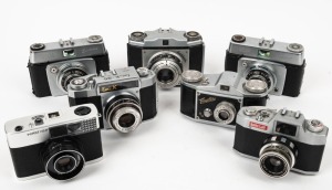 VARIOUS MANUFACTURERS: Seven viewfinder cameras in black and chrome - one Finetta Super, one Goldammer Goldeck III, one Oshiro Emi K 35, one Yamato Barclay, two Ilford Sportsman models, and one Photo Porst 135B. (7 cameras)