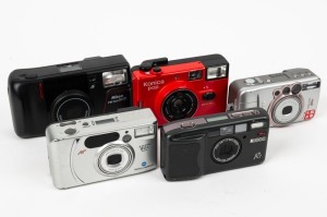 VARIOUS MANUFACTURERS: Five point-and-shoot cameras - one Ricoh R1 in dark green (also released as the Rollei Prego Micron), one Canon Sure Shot 80u, one Konica Minolta Zoom 80c Date, one Konica Pop in bright red, and one Nikon TW Zoom35-70. (5 cameras)