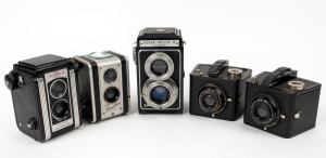 KODAK: Five c. 1940s 620 film cameras - two Kodak Six-20 Brownie Special models with differing shutter details, one Kodak Reflex II, one Kodak Duaflex with wrist strap, and one Kodak Duaflex II. (5 cameras)