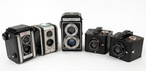 KODAK: Five c. 1940s 620 film cameras - two Kodak Six-20 Brownie Special models with differing shutter details, one Kodak Reflex II, one Kodak Duaflex with wrist strap, and one Kodak Duaflex II. (5 cameras)