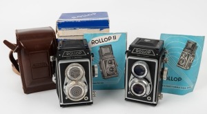 LIPCA: Two c. 1954 TLR cameras - one Rollop I [#O 62278] with Ennagon 75mm f3.5 lens [#2020988] and Prontor-SVS shutter, together with lens cap, leather casing, instruction booklet and maker's box, and one Rollop II [#O 57363] with Ennagon 75mm f3.5 lens 