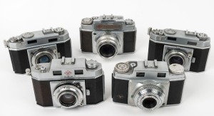 AGFA: Five c. 1950s rangefinder cameras - one Karat IV with Xenon 50mm f2 lens [#4285859], one early-type Karat 36 with Heligon 50mm f2 lens [#2063153], one early-type Karat 36 with Xenar 50mm f2.8 lens [#26932], one Ambi Silette with Color-Solinar 50mm f