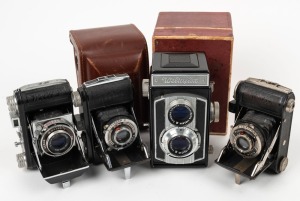 WELTA: Four black early-to-mid-20th century cameras - one c. 1935 Welti I [#37/378/1001] with Tessar 50mm f2.8 lens [#4409295], one c. 1938 Weltix with Cassar 50mm f2.9 lens [#433043], one c. 1952 Welti I with Cassar 50mm f2.9 lens [#312400], and one c. 1