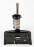 ZEISS IKON: Type 2 black and chrome close-up copy stand for Contax rangefinder cameras, c. 1936, with Tessar 50mm f3.5 lens element [#2243285],&nbsp;two chrome bayonet-type adaptor rings, and five metal close-up masking plates in four different aperture sizes.