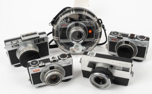 RIKEN: Five c. 1960s chrome-body cameras - one Ricoh Hi-Color 35 [#392838] in Ricoh Hi-Color Marine Capsule, two Ricoh Hi-Color 35 cameras [#131611 & #386515], one Ricohmatic 35, and one Ricohmatic 126 with front lens cap. (5 cameras)