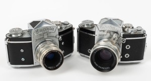 IHAGEE: Two Exakta SLR cameras - one c. 1954 type 2 Varex VX [#743170] with Carl Zeiss Jena Tessar T 50mm f2.8 lens [#3560767], and one 1958-type Varex IIa [#913183] with Carl Zeiss Jena Biotar 58mm f2 lens [#5544171]. (2 cameras)