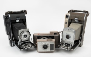 POLAROID: Three instant film cameras - one Polaroid 120 Land Camera, one Polaroid 800 Land Camera, and one Polaroid J33 Land Camera. (3 cameras)