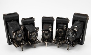 KODAK: Five c. late 1920s vertical-folding cameras - three No. 1 Pocket Kodaks with varying shutter, lens, and body details, together with two No. 1A Pocket Kodaks with differing lens and shutter details. (5 cameras)