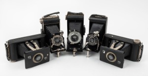 KODAK: Five c. late 1930s vertical-folding cameras - one Six-20 Folding Brownie with maker's box, one Junior 620, one Brownie Pliant Six-20, and two Jiffy Kodak Six-20 Series II models (one with maker's box and instruction booklet). (5 cameras)